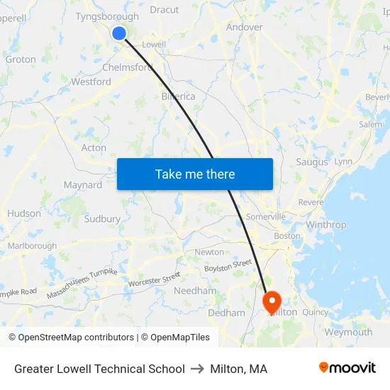 Greater Lowell Technical School to Milton, MA map