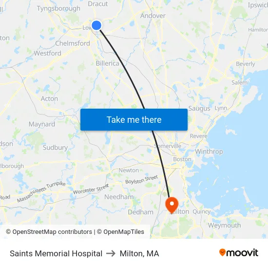 Saints Memorial Hospital to Milton, MA map
