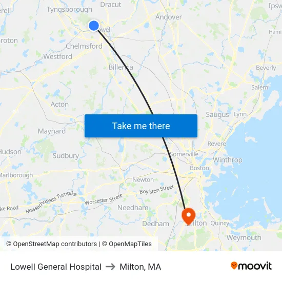 Lowell General Hospital to Milton, MA map