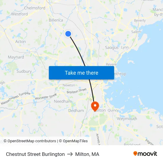 Chestnut Street Burlington to Milton, MA map