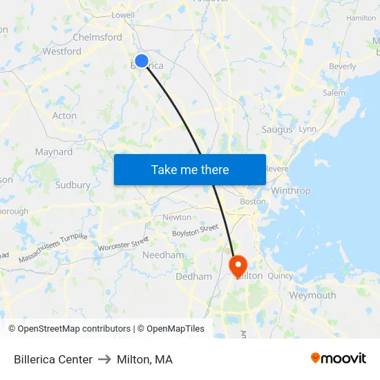 Billerica Center to Milton, MA map