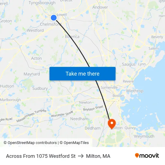 Across From 1075 Westford St to Milton, MA map
