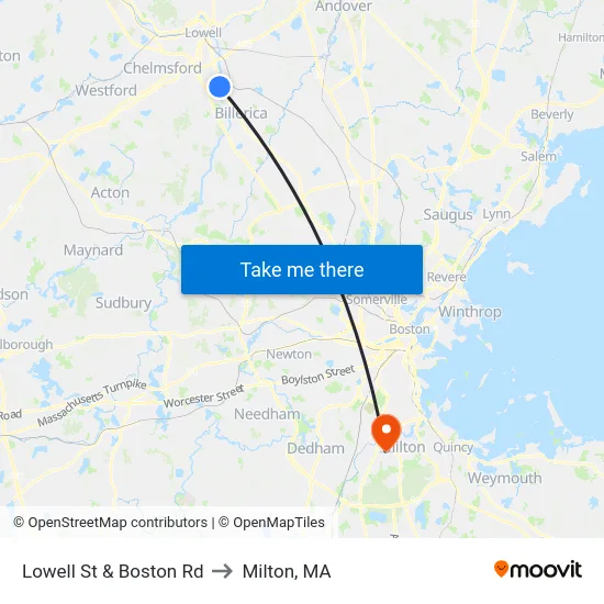 Lowell St & Boston Rd to Milton, MA map