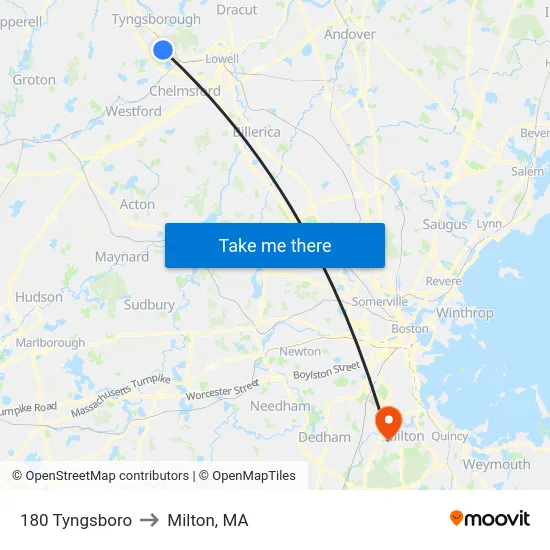 180 Tyngsboro to Milton, MA map