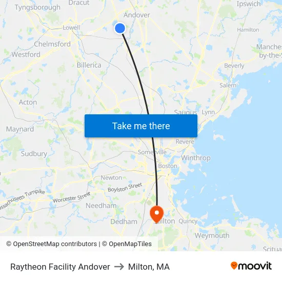 Raytheon Facility Andover to Milton, MA map