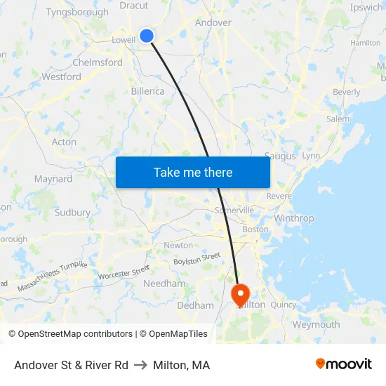 Andover St & River Rd to Milton, MA map