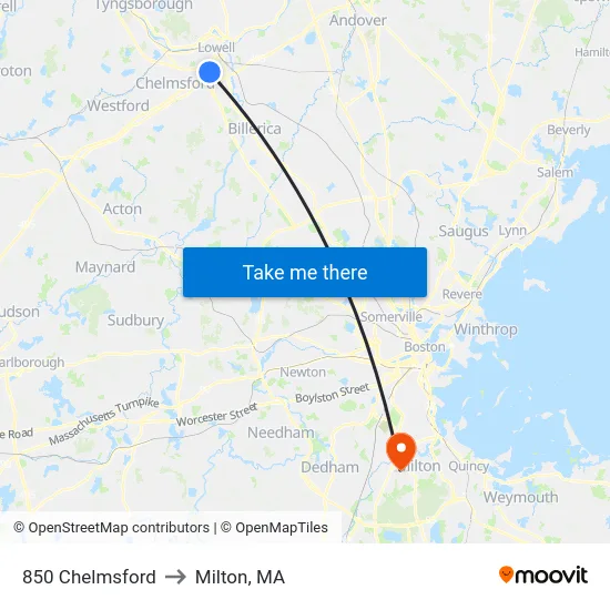 850 Chelmsford to Milton, MA map