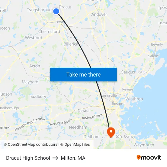Dracut High School to Milton, MA map
