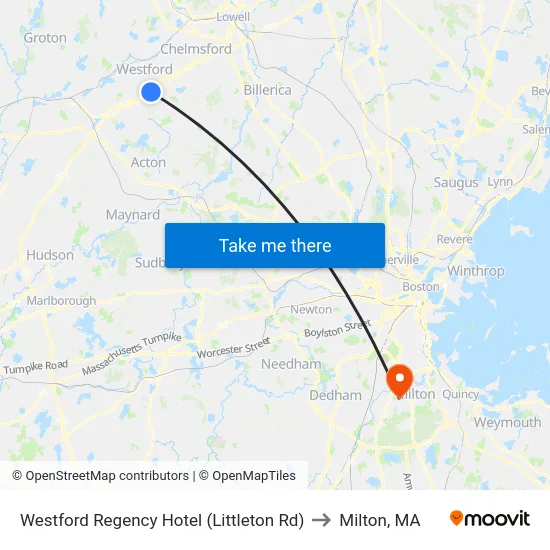 Westford Regency Hotel (Littleton Rd) to Milton, MA map