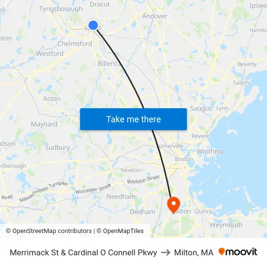 Merrimack St & Cardinal O Connell Pkwy to Milton, MA map