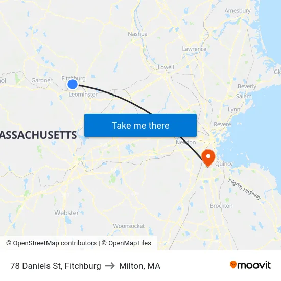 78 Daniels St, Fitchburg to Milton, MA map