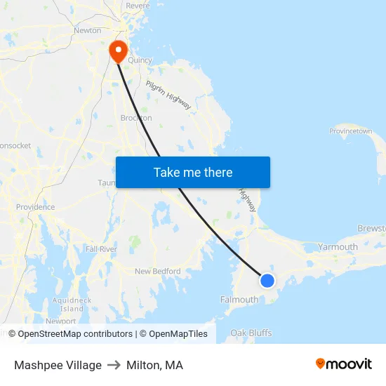 Mashpee Village to Milton, MA map