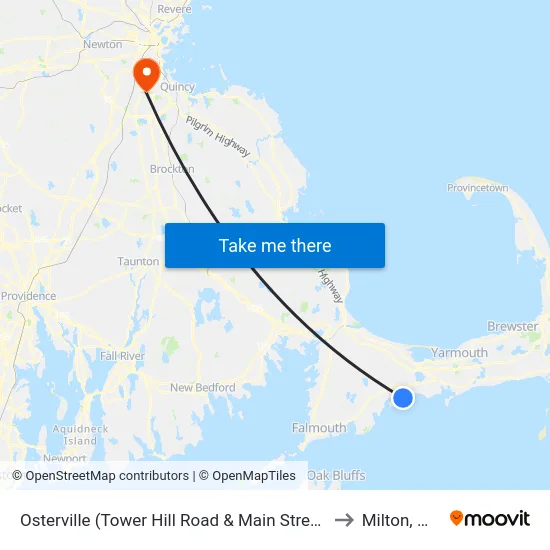 Osterville (Tower Hill Road & Main Street) to Milton, MA map
