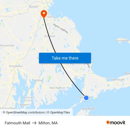 Falmouth Mall to Milton, MA map