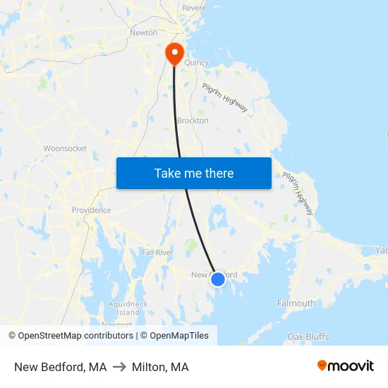 New Bedford, MA to Milton, MA map