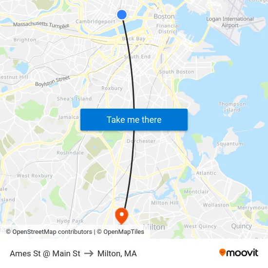 Ames St @ Main St to Milton, MA map