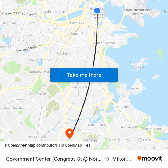 Government Center (Congress St @ North St) to Milton, MA map
