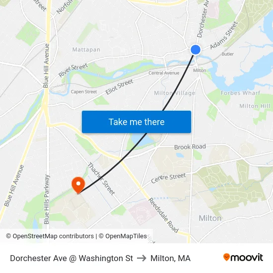 Dorchester Ave @ Washington St to Milton, MA map
