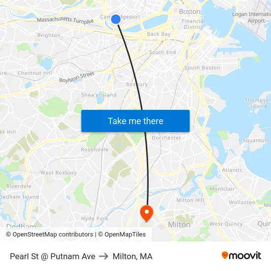 Pearl St @ Putnam Ave to Milton, MA map