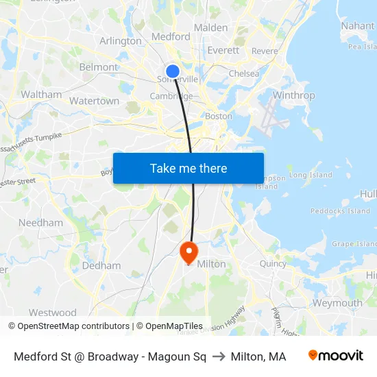 Medford St @ Broadway - Magoun Sq to Milton, MA map