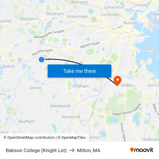 Babson College (Knight Lot) to Milton, MA map