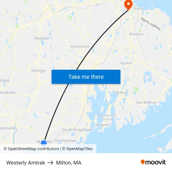 Westerly Amtrak to Milton, MA map