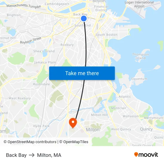 Back Bay to Milton, MA map