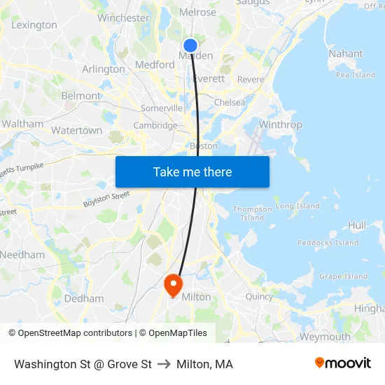 Washington St @ Grove St to Milton, MA map