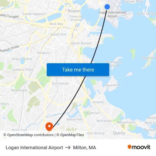 Logan International Airport to Milton, MA map