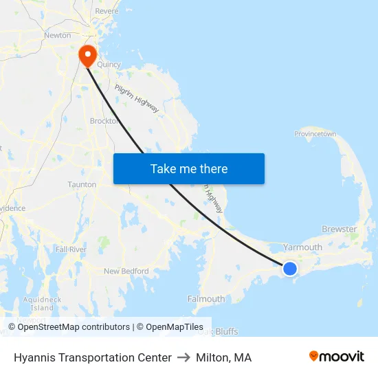 Hyannis Transportation Center to Milton, MA map