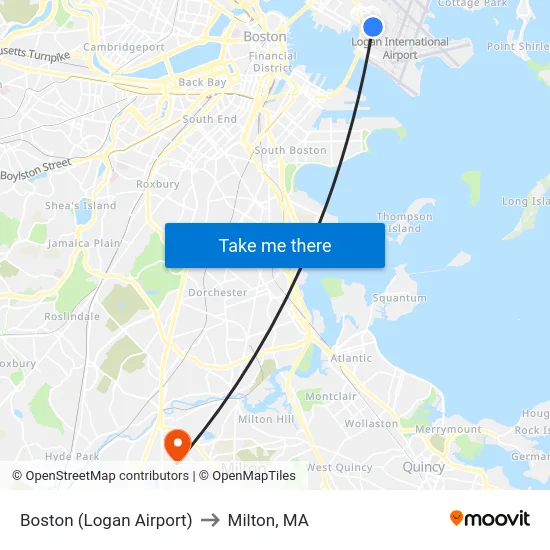 Boston (Logan Airport) to Milton, MA map