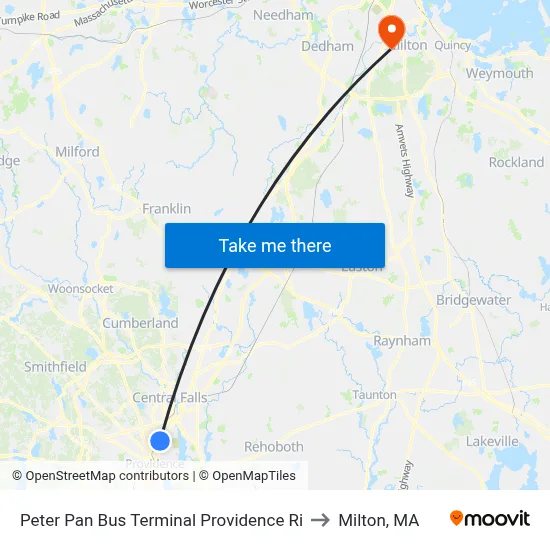 Peter Pan Bus Terminal Providence Ri to Milton, MA map