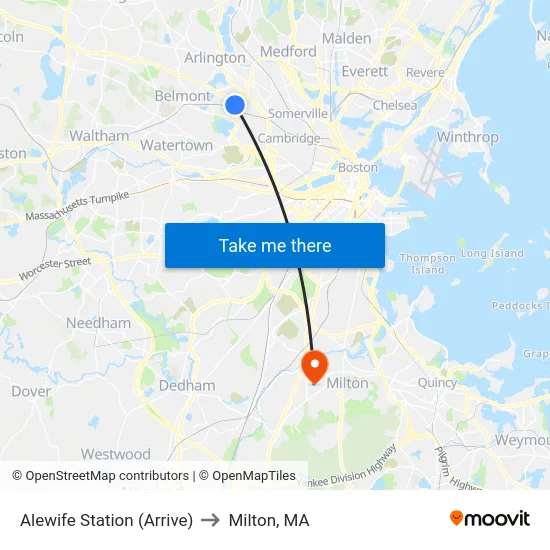 Alewife Station (Arrive) to Milton, MA map