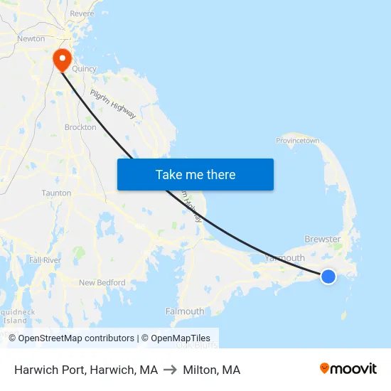 Harwich Port, Harwich, MA to Milton, MA map