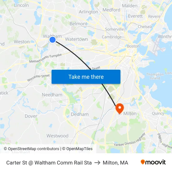 Carter St @ Waltham Comm Rail Sta to Milton, MA map