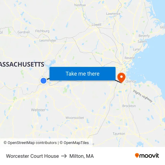 Worcester Court House to Milton, MA map