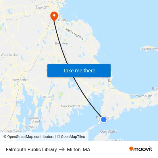 Falmouth Public Library to Milton, MA map