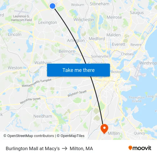 Burlington Mall at Macy's to Milton, MA map