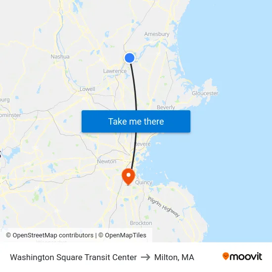 Washington Square Transit Center to Milton, MA map