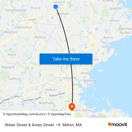 Water Street & Ames Street to Milton, MA map