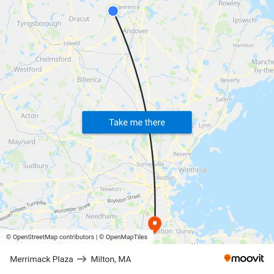 Merrimack Plaza to Milton, MA map