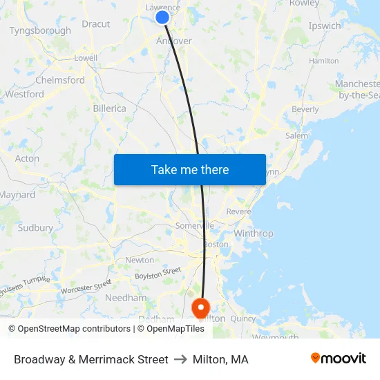 Broadway & Merrimack Street to Milton, MA map