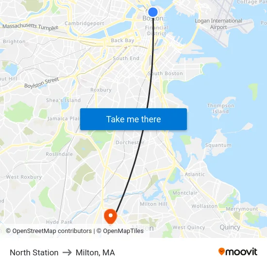 North Station to Milton, MA map