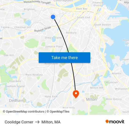 Coolidge Corner to Milton, MA map