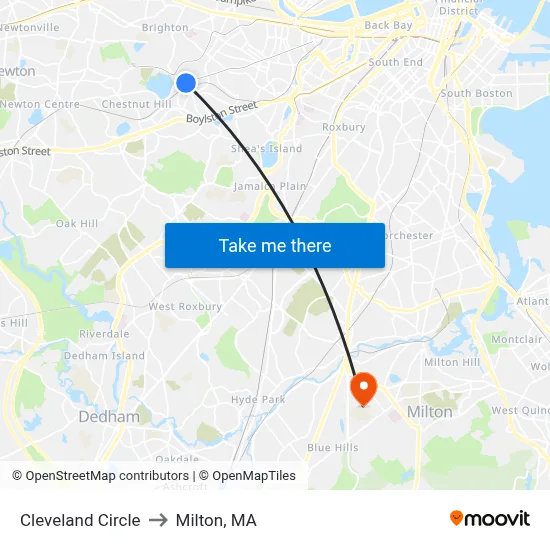 Cleveland Circle to Milton, MA map