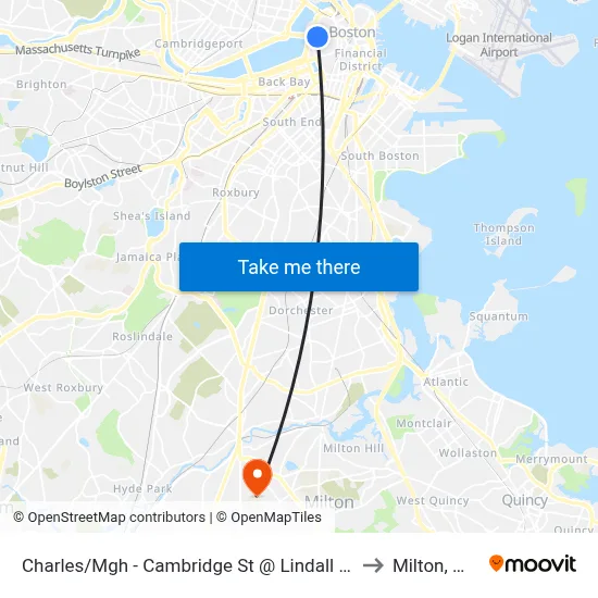 Charles/Mgh - Cambridge St @ Lindall Pl to Milton, MA map