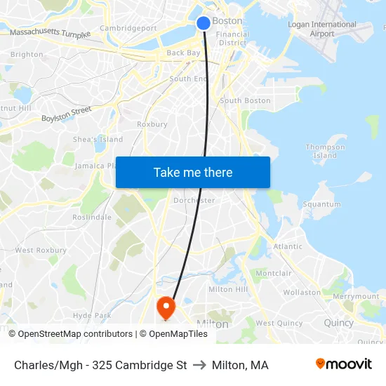Charles/Mgh - 325 Cambridge St to Milton, MA map
