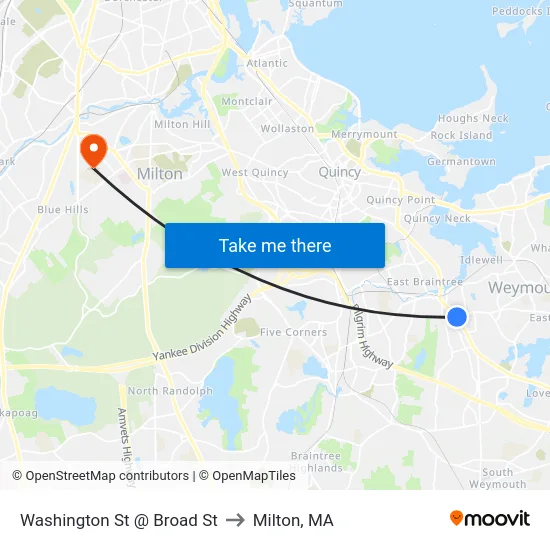 Washington St @ Broad St to Milton, MA map