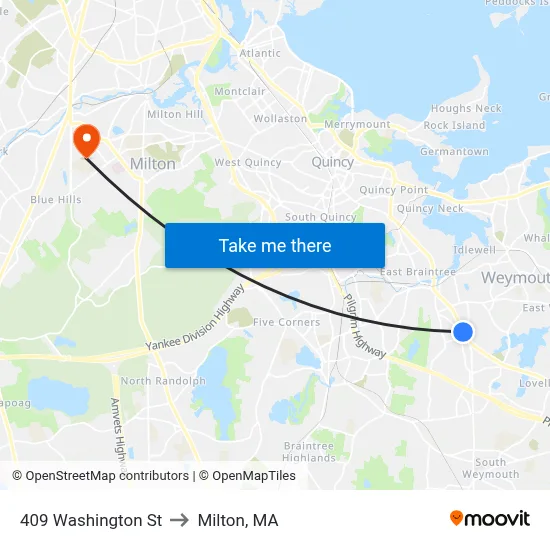 409 Washington St to Milton, MA map
