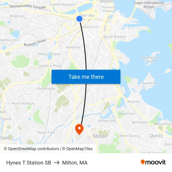 Hynes T Station SB to Milton, MA map